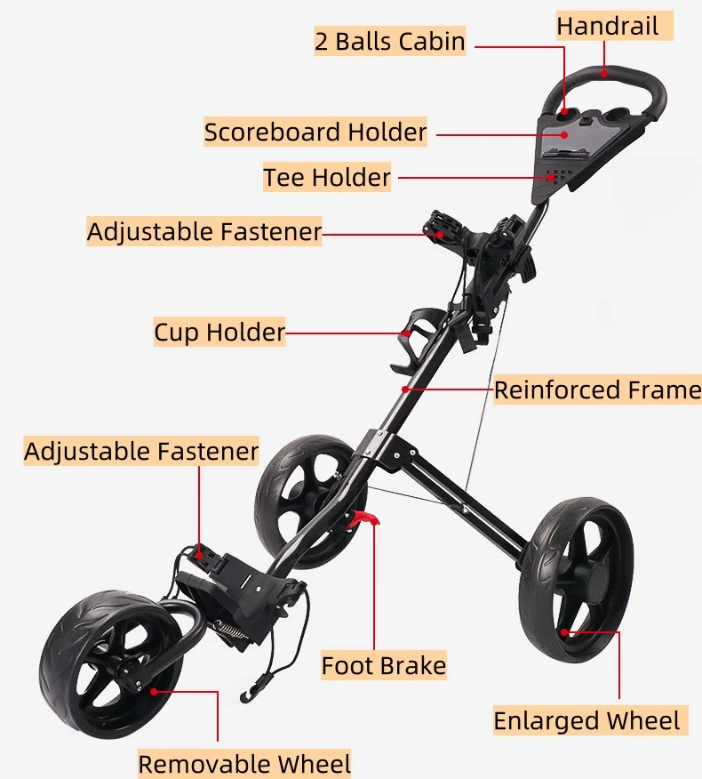 3 Wheel Aluminium Lightweight Durable Foldable Manual Golf Cart Scorecard Holder Storage Golf Bag Trolley 15kg Load Capacity