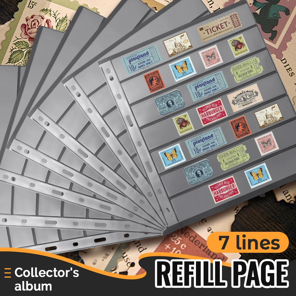 10Pcs 7 Grid Postage Stamp Album Pages Coin Collection Stamps Holder Sheet PVC Loose-leaf Inners Refill Page Not Including Cover