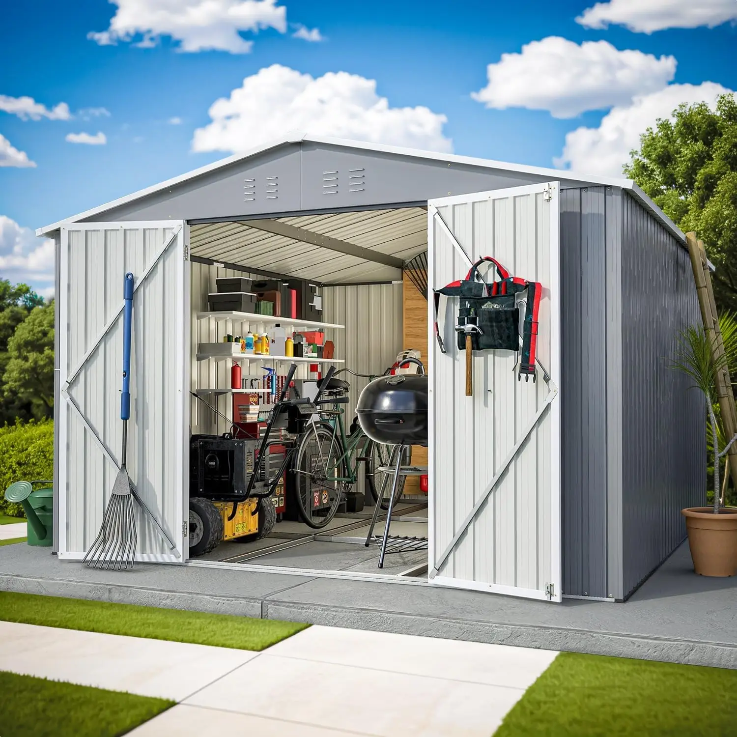 

Уличный сарай Morhome 10X8 футов с металлической рамой, садовый сарай из оцинкованного металла с двойными запираемыми дверями,