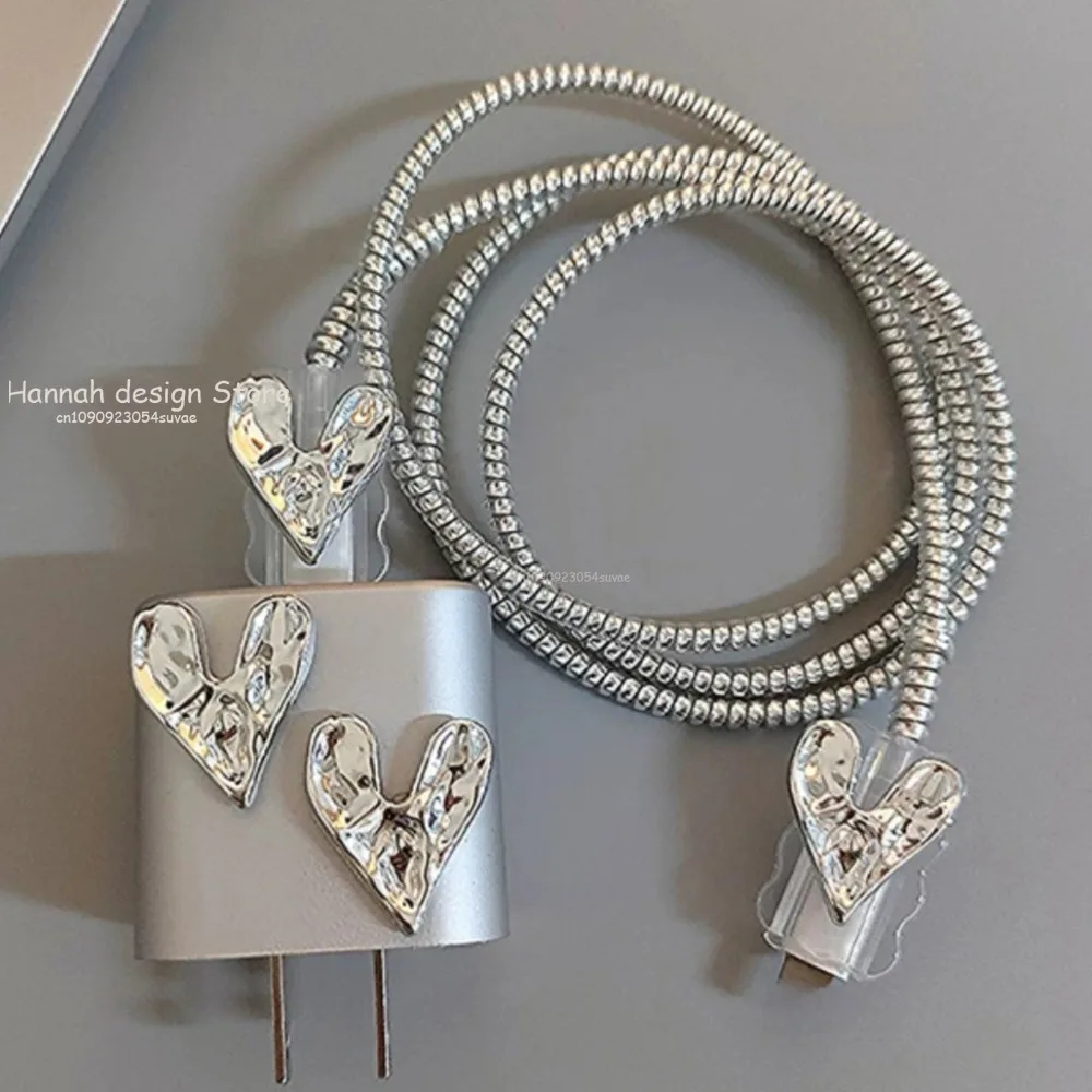 Cute 3D Silver Love Heart Wave Border USB Cable Protector Cover For iPhone 18W/20W Data Line Bite Head Cord Fast Charging Case