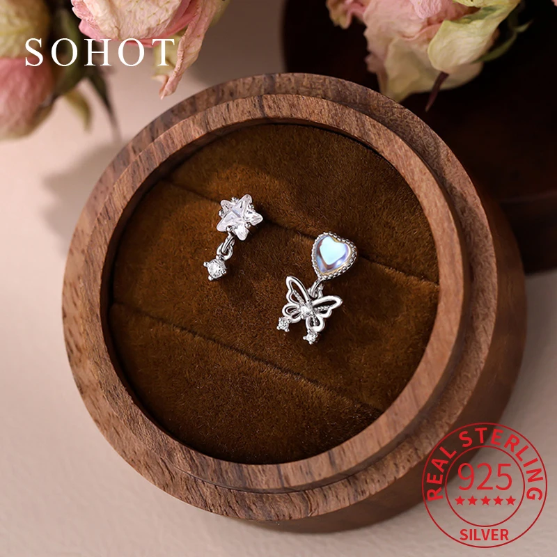 

Real 925 Sterling Silver Zircon Asymmetric Butterfly Mini Stud Earrings for Women Cute Fine Jewelry Light Luxury Accessories
