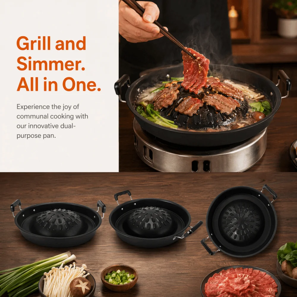 Iron Thai BBQ Grill Pan Black Dual Use Round Thai Style BBQ Side Handles Raised Center Dome Grill Pan with Side Restaurant Use