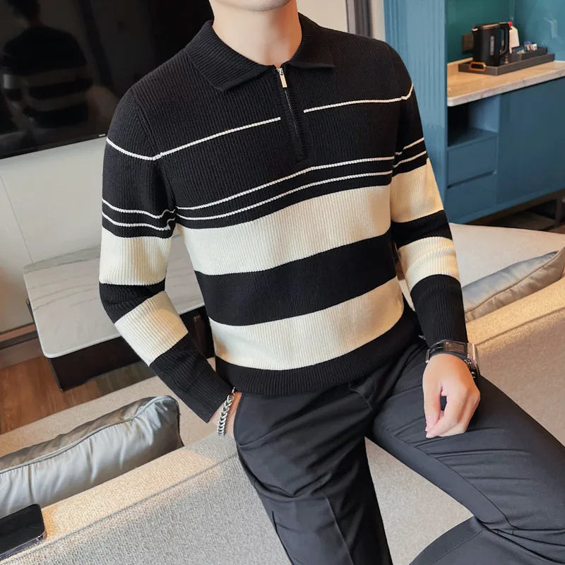 Turn-down Collar Half Zip Sweater Autumn Winter Classic Casual Striped Pullover Daily Knit Sweater