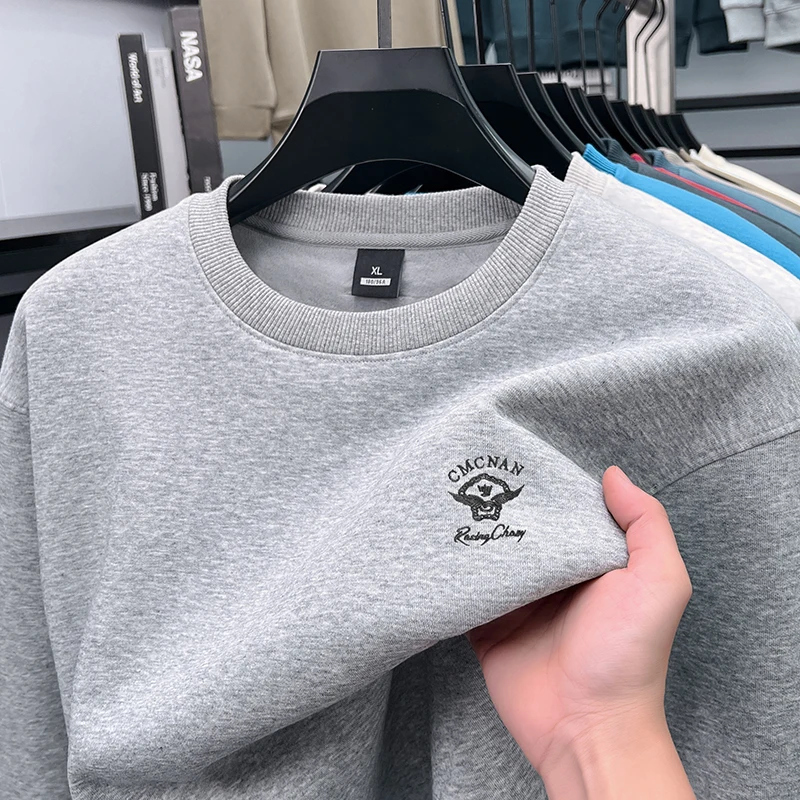 Men's Autumn Round-Neck Sweatshirt Thick Fleece Embroidery Anti-Wrinkle Long Sleeves T-Shirt Casual Warm Flexible Men's Clothing