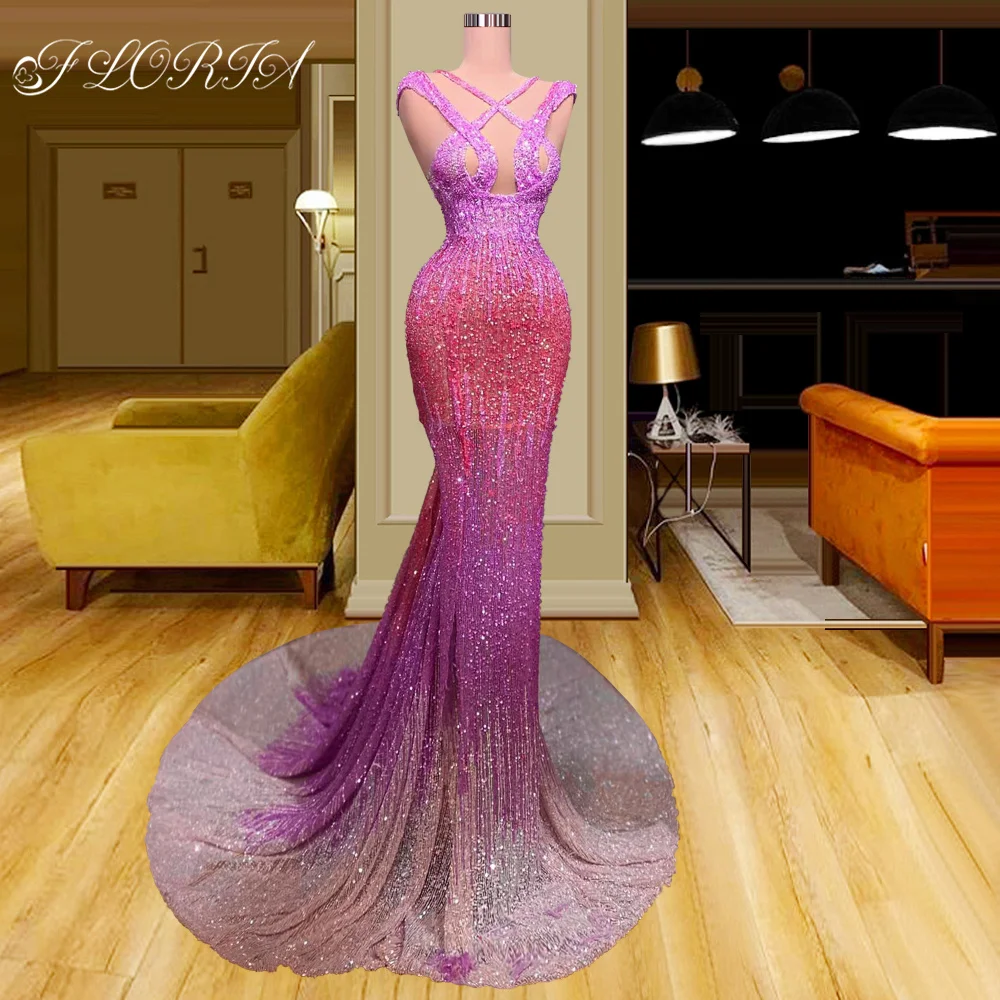 

Graceful Pink Sequins Beadings Evening Dress Sparkly Handmade Beads Celebrity Gown Prom Party Dresses Robe De Soiree Custom Made