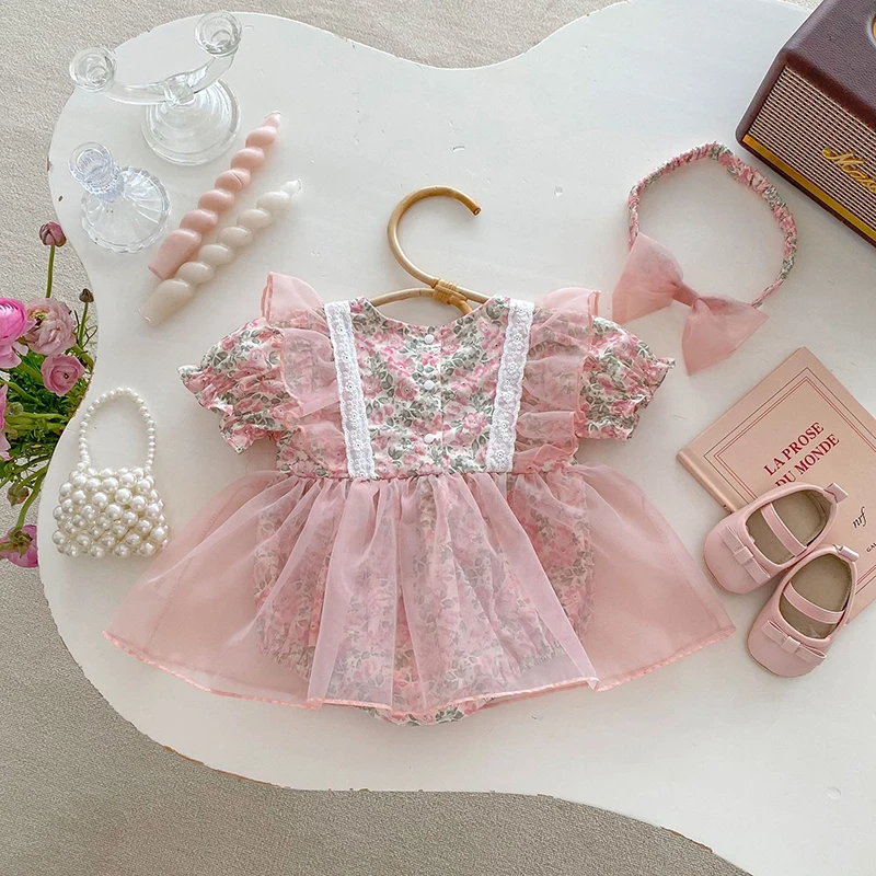 2 pezzi Summer Princess Girls Baby Dress body 0-2Y Infant Sweet pink Floral One Piece Mesh gonna vestiti per bambini con fascia