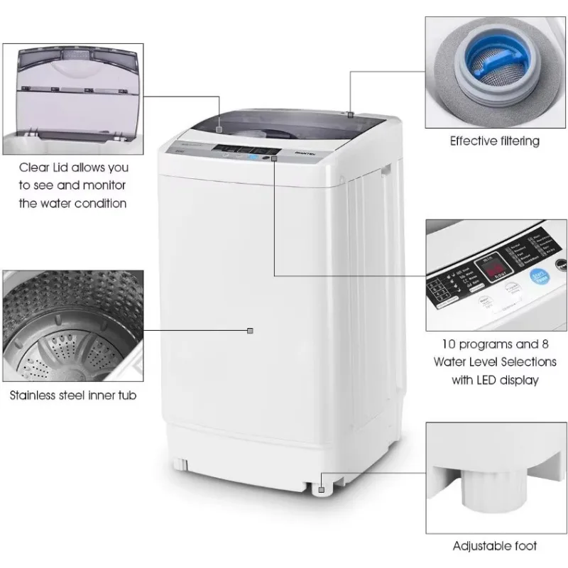 Full-Automatic Washing Machine Portable Compact 1.34 Cu.ft Laundry Washer Spin with Drain Pump