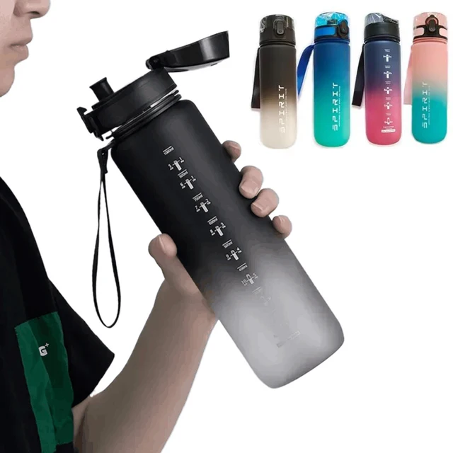 Large sports water bottle with time markers, flip-top straw lid, carry strap and colour options