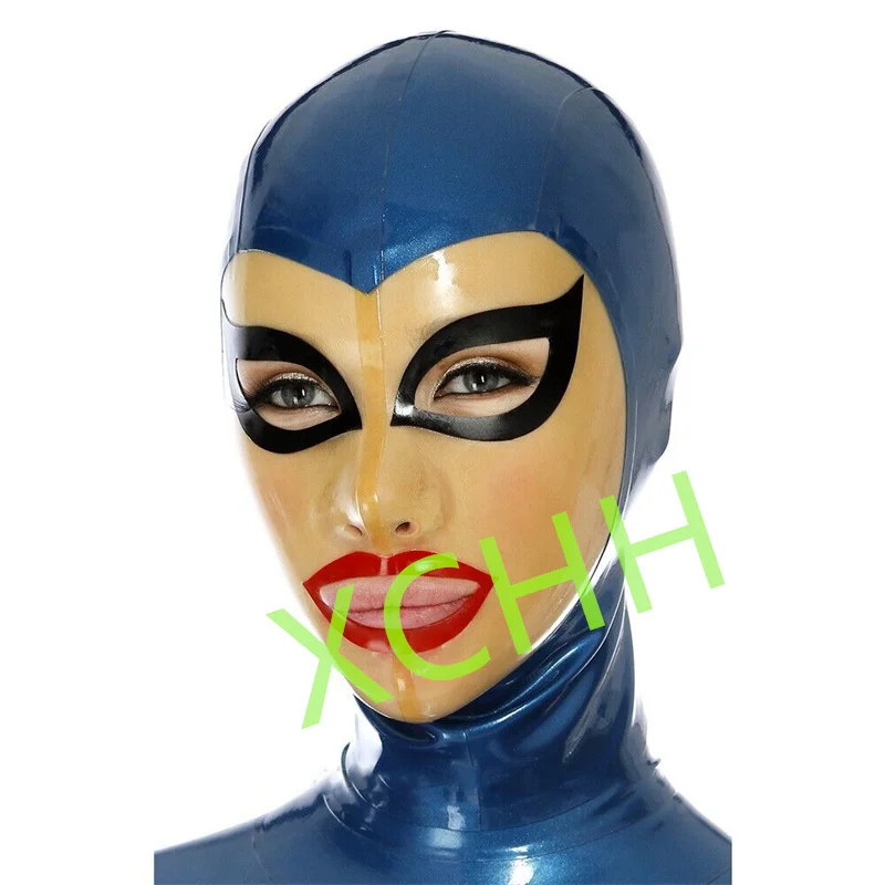 

Handmade Latex Hood Rubber Mask Metal Blue with Transparent Back Zip Sexy Fetish Headgear Customize Halloween Cosplay Costume