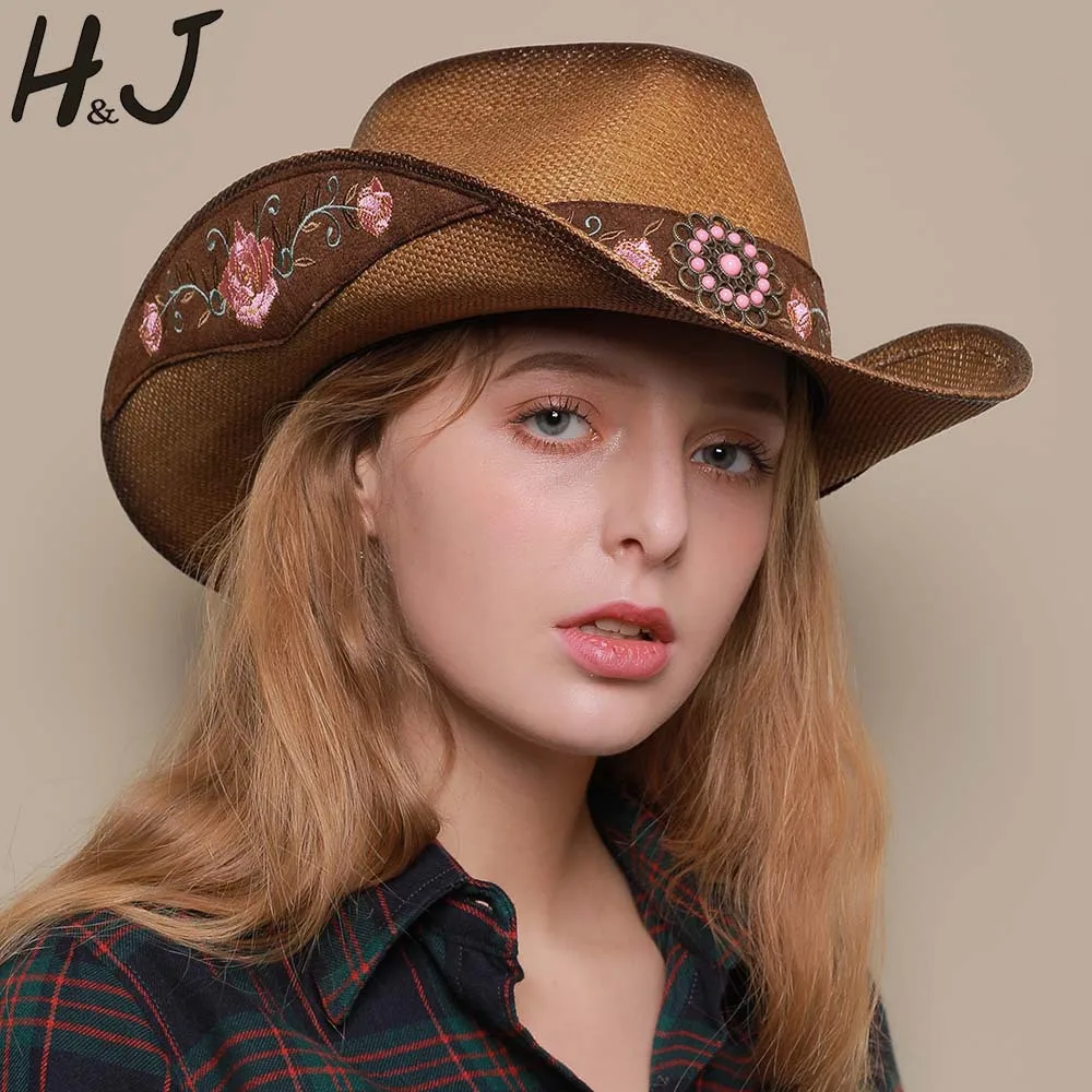 Three-dimensional embroidery handmade straw hat western cowboy hat men cap outdoor women hat light luxury European and American