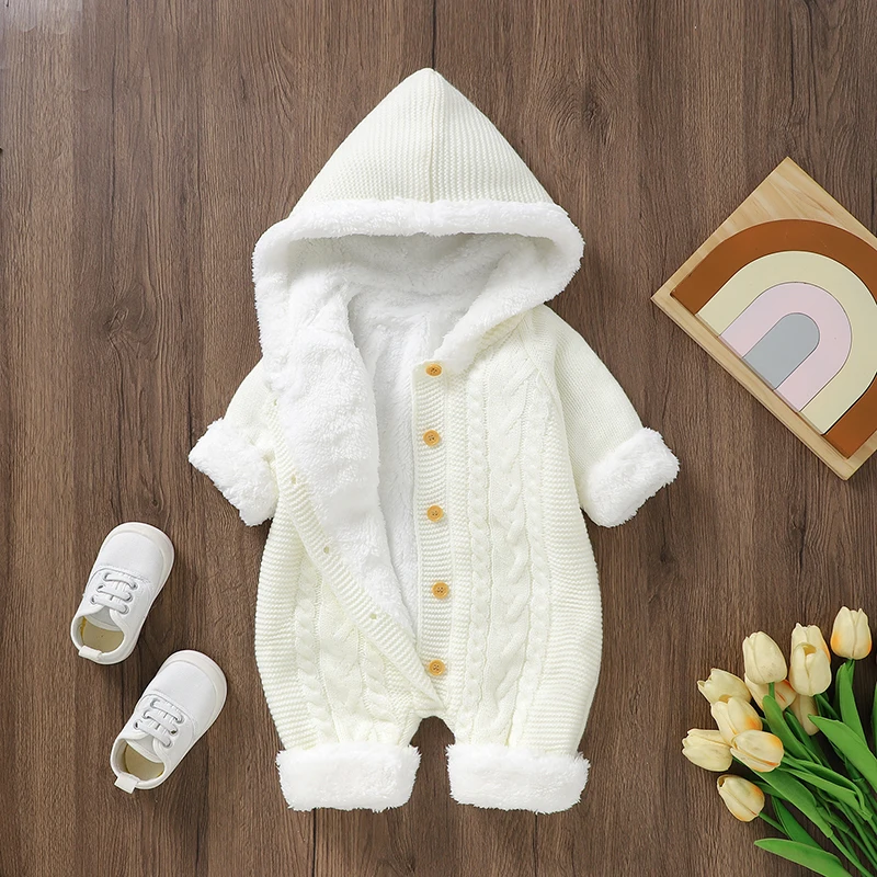 

Комбинезоны для новорожденных мальчиков и девочек, осенние детские комбинезоны с длинными рукавами, вязаная детская одежда на флисовой подкладке, зимние комбинезоны с капюшоном для детей 0-18 месяцев