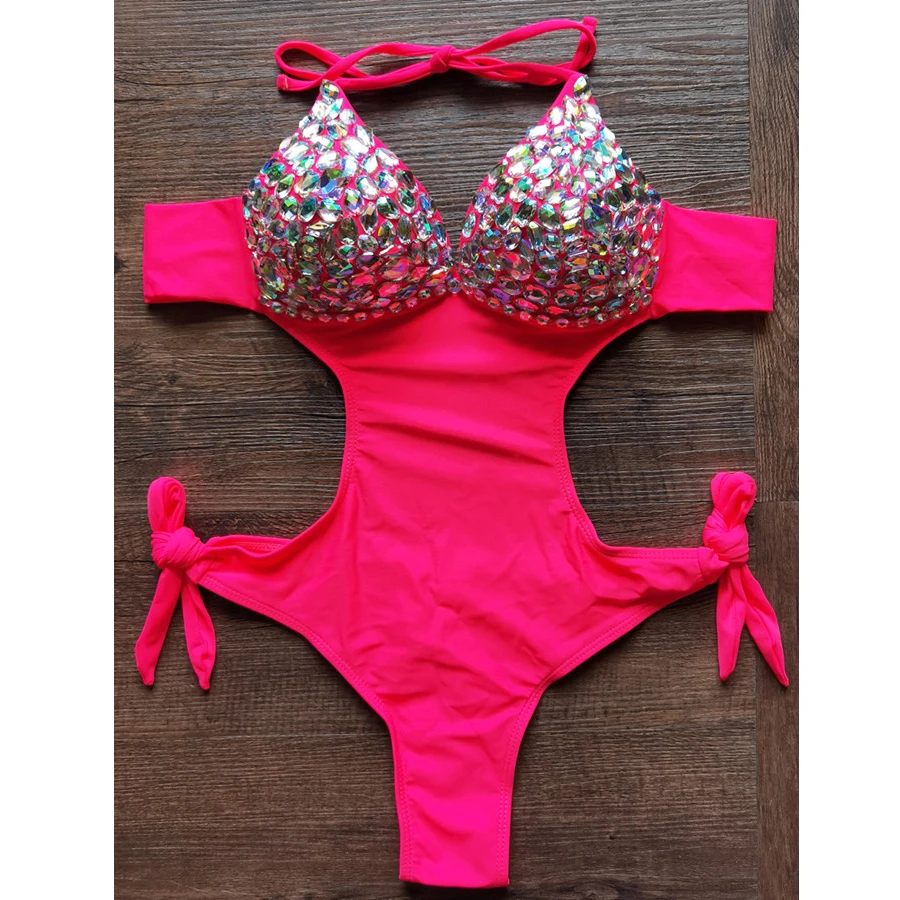 VIKINII 2024 Sexy Rhinestone One Piece Swimsuits Rose Red Push Up Bodysuits Halter Luxury Crystal Bathing Suits Female Swimwear