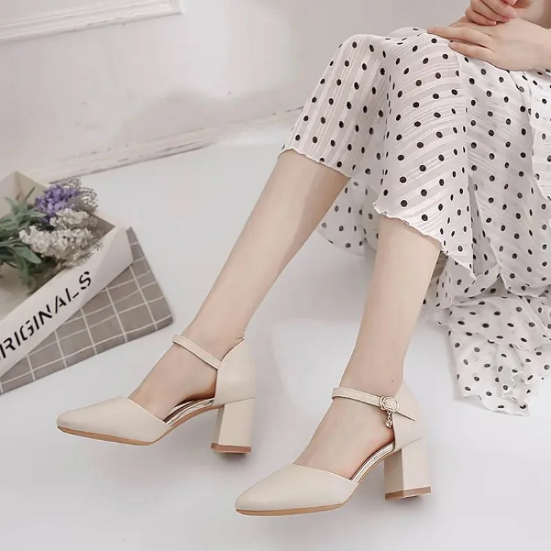 

Fashion Women's Beige Block Heel Pumps Pointed Toe Ankle Strap Sandals Comfortable Office & Party Shoes