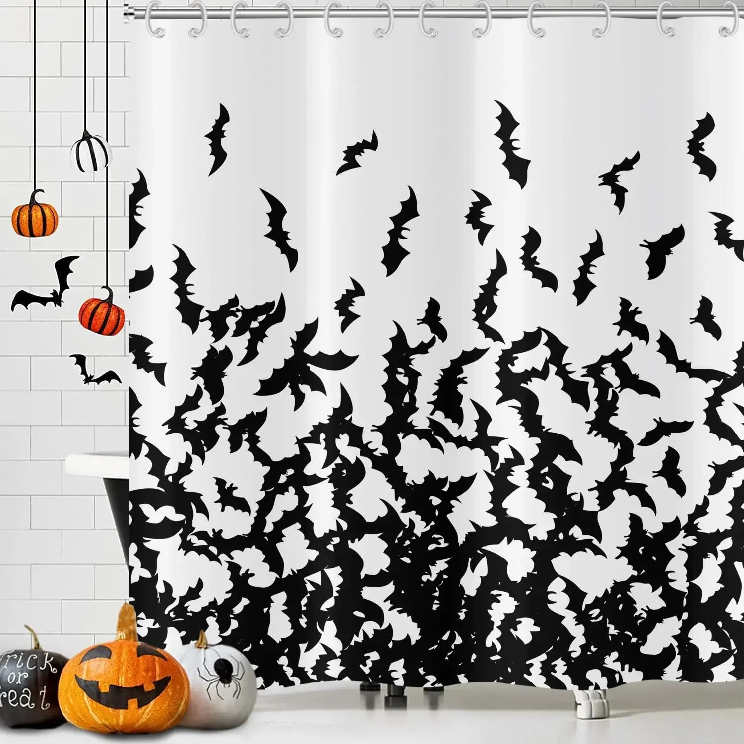 Halloween Shower Curtain Black Bat Halloween Scary Pattern Shower Curtain Spooky Bat Bathroom Curtain Bathroom Decor with Hooks