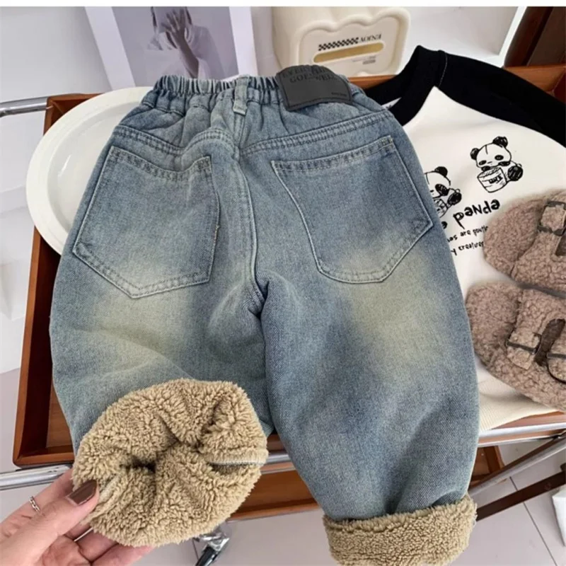 Neue kinder Fleece Jeans Jungen Mädchen Plüsch Samt Denim Hosen Neue Kinder Winter Verdickte Warme Hosen Säuglings Kleidung 2-8Y – Detail 1