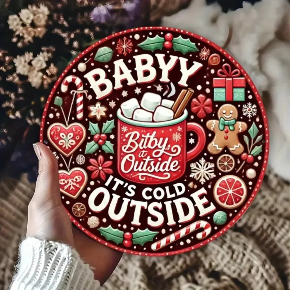علامة معدنية لإكليل عيد الميلاد "Baby It's Cold Outside" - ديكور حائط دائري للعطلات