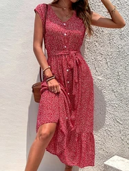 Msfilia Summer Women's V Neck Holiday Print Short Sleeve Lace Up A Line Chic Floral Dress For Fashion
