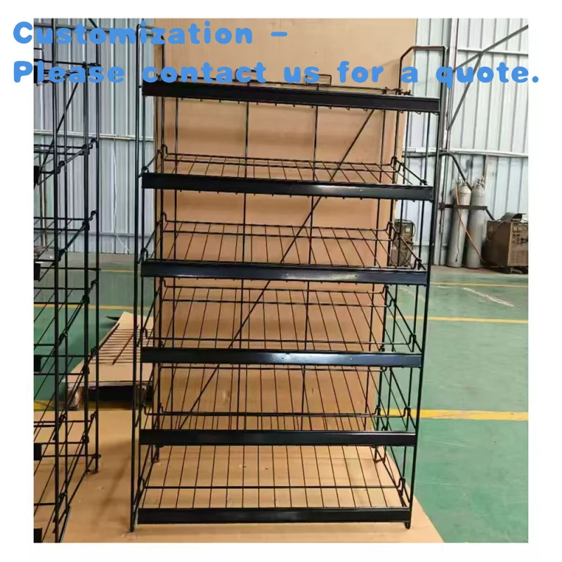 

custom.Retail Food Shop Fittings Powder Coated Floor Black Mesh 5 Tiers Metal Wire Design Bread Display Rack