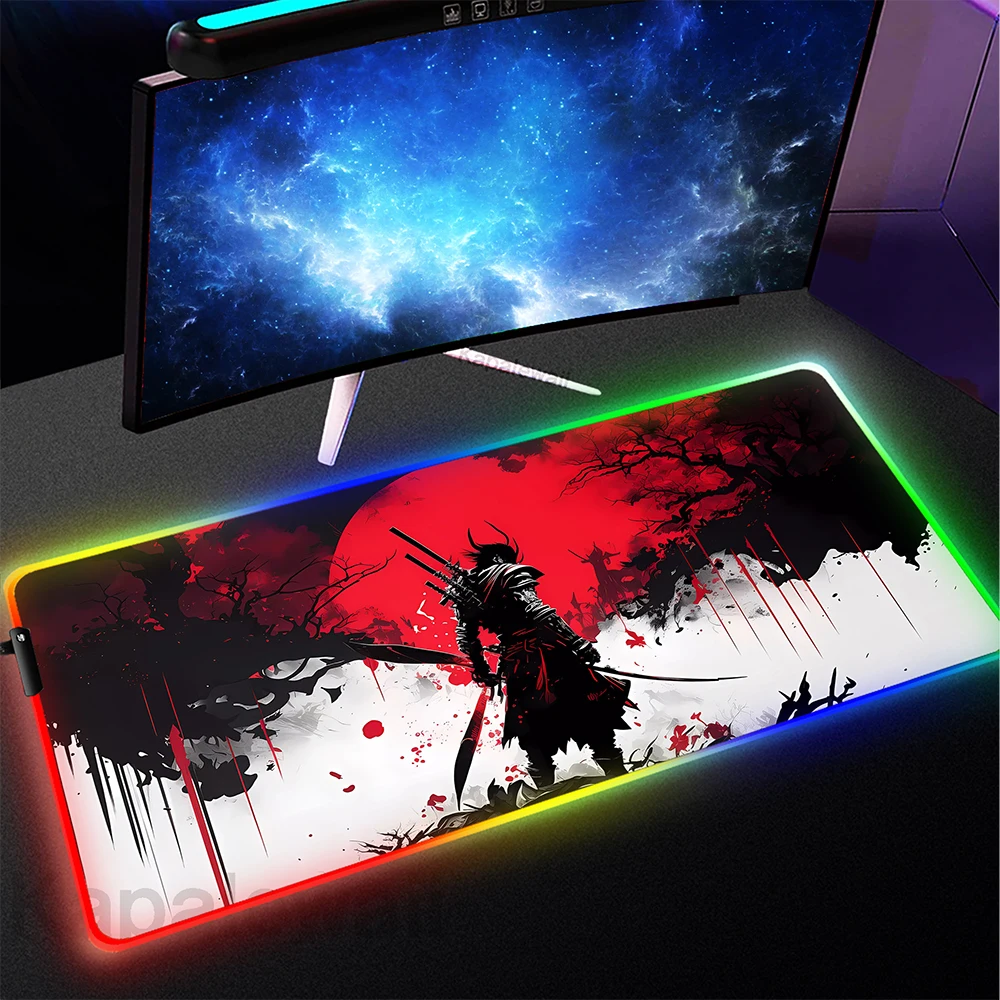 

Japanese Samurai Mousepad Gaming Mouse Pad RGB LED Gamer Rubber Mat Computer Deskmat Keyboard Pads Large Manga Table Mats