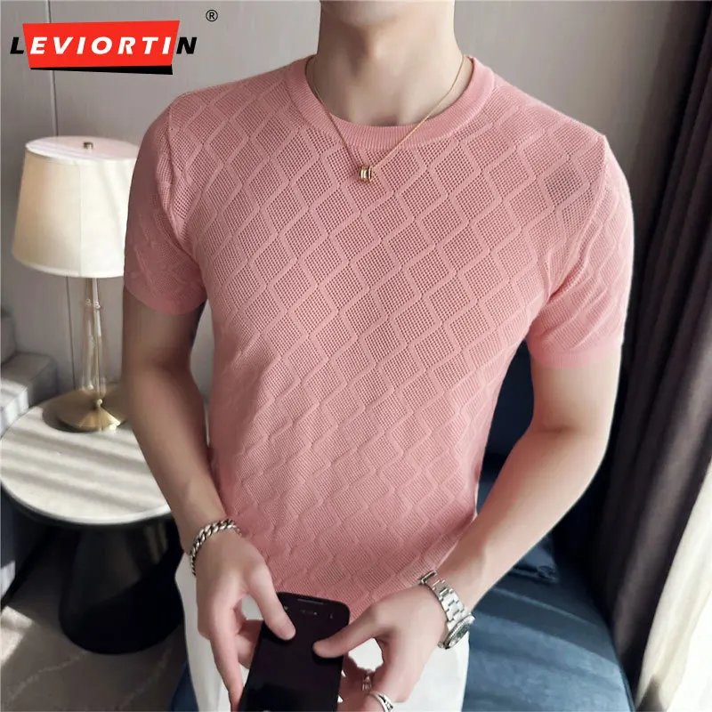 

2023 Brand Clothing Men Summer Casual Short Sleeve Ice Silk knit T-shirt/Male High Quality Fashion Round Neck Hollow Out T-shirt