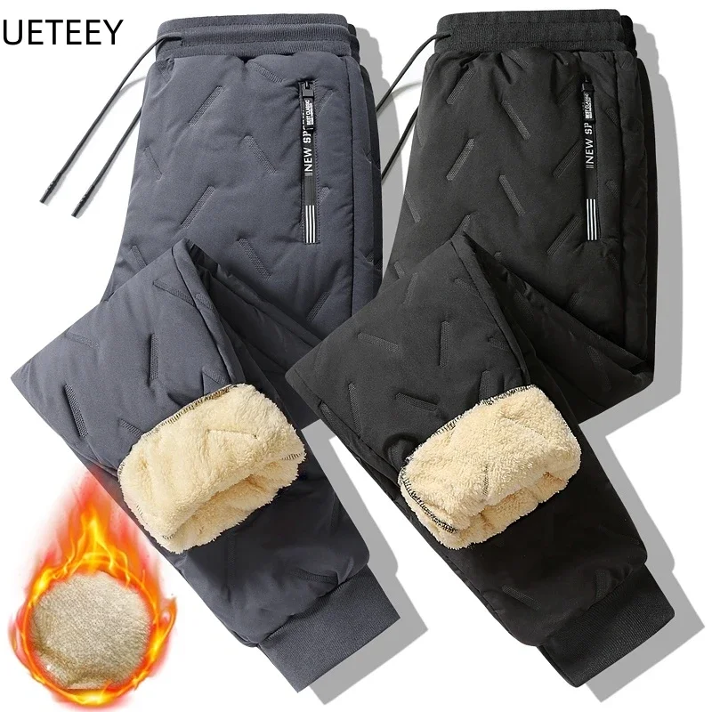 

UETEEY Winter Fleece Pants For Men Lambswool Warm Waterproof Casual Trousers Thicken Fashion Big Size Male Joggers Sweatpants