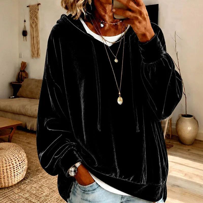 Women Velvet Hoodie Drawstring Long Sleeve Sweatshirt Solid Loose Pullover Tops Elegant Casual Autumn Winter Office Daily Blouse