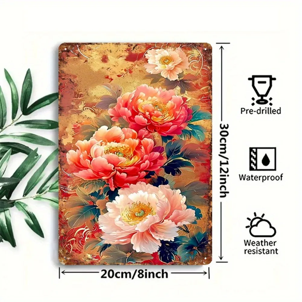 Vintage-Pfingstrosen-Blumen-Wandkunst aus Metall – rustikales florales Blechschild für Schlafzimmer, Wohnzimmer oder Salon-Dekoration, 8x12 Zoll große Plakette