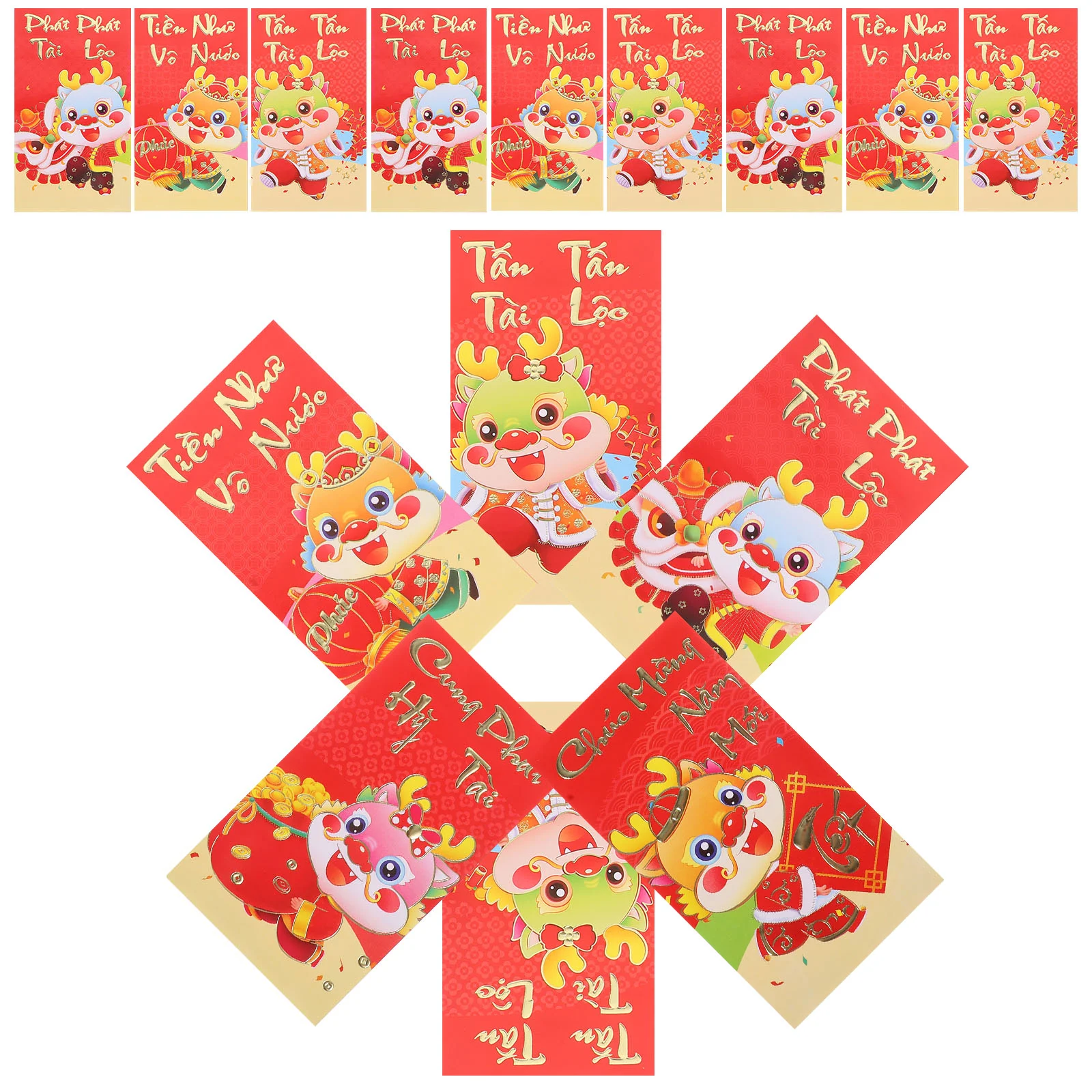 36 Pcs Vietnamese Red Envelope Cartoon Money Pouch Pocket Dragon Year Paper 2024 Bag Traditional