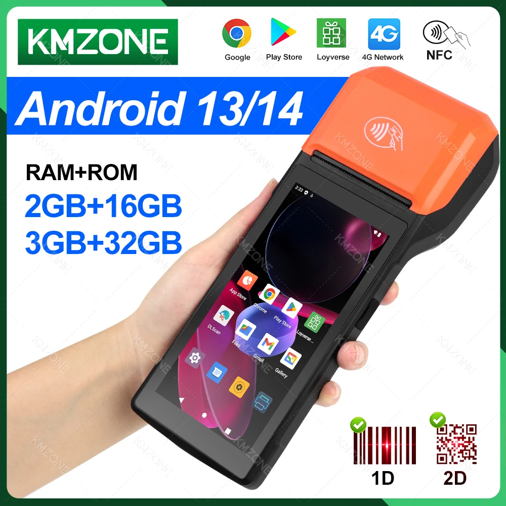 Android 13 Pos Pda Terminal 2d Leitor de Scanner com Recibo Térmico Embutido Bluetooth Impressora de Contas Portátil Wifi Nfc Pda Novo 4g