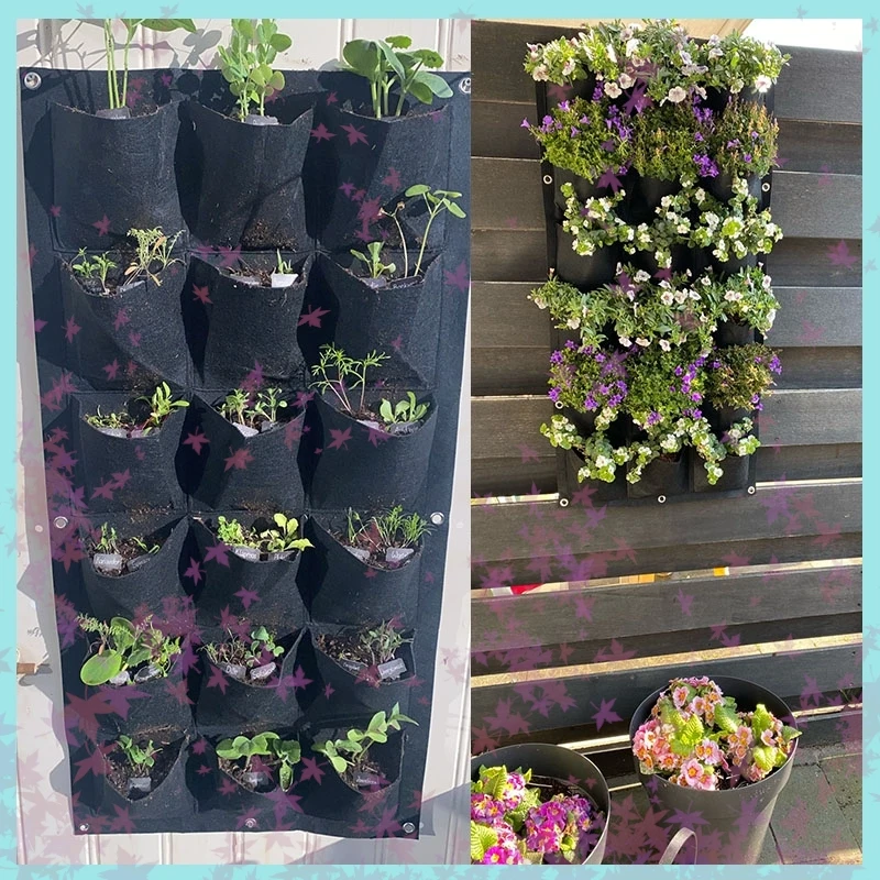 18 Pockets Wall-mounted Planting Bags Planter Vertical Garden Black Pockets Wall Hanging Bags Garden Tools Flower Plant Pot B2