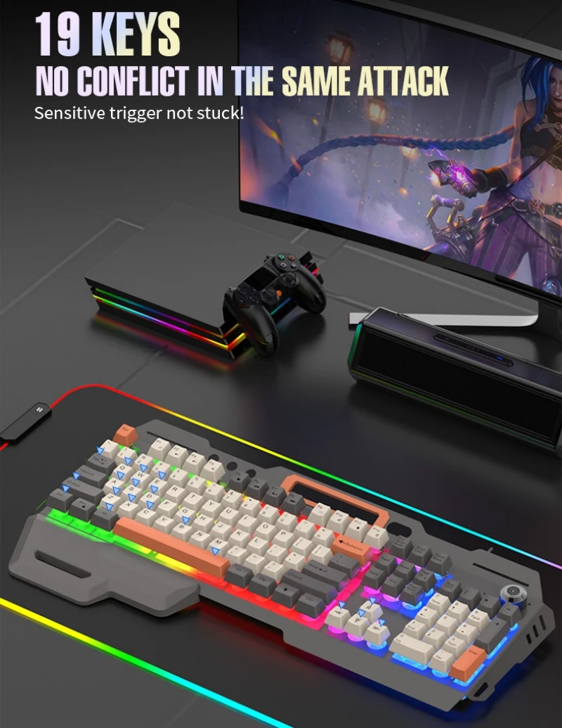 Imagem -04 - Conjunto de Mouse e Teclado para Jogos com Sensação Mecânica Portuguesa 104 Teclas 100 Layout Inglês Espanhol Russo Coreano Árabe Teclado Usb com Fio Rgb Luz Ergonomia Design Botão de Volume do Jogador com Suporte Par