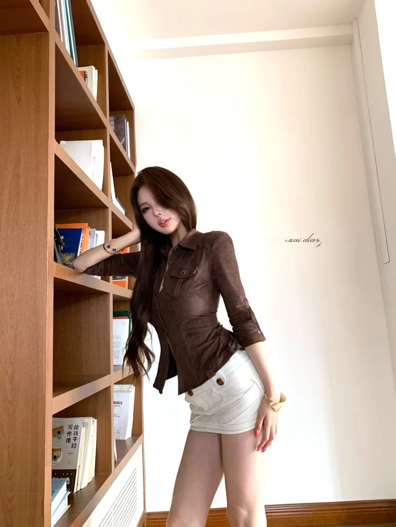 

Retro Collar mid Sleeve Shirt Women's Spring Spicy Tight Workwear Shirt Waist Cinching Seven Sleeve Elegance Top