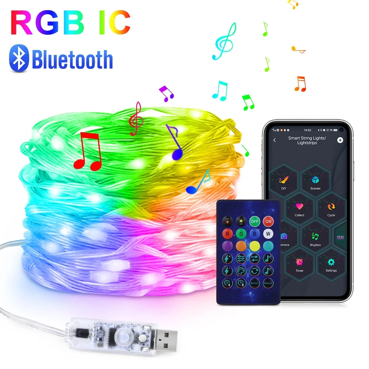 5V USB RGBIC LED String WS2812B Bluetooth Music Dream Color Light Christmas Birthday Party Garland Decor Fairy Lights for Home