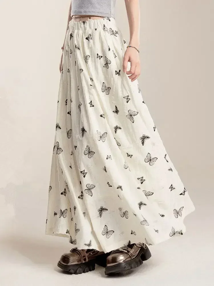 

Fairycore Print Skirt Women Elegant Sweet Ruffle Long Skirt Korean Fashion Vintage A-line Casual Midi Skirts