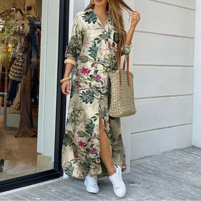 Boho Summer Maxi Dress Women Vintage V Neck Buttons Long Sleeve Elegant Holiday Beach Loose Shirt Dresses Female Casual Vestidos