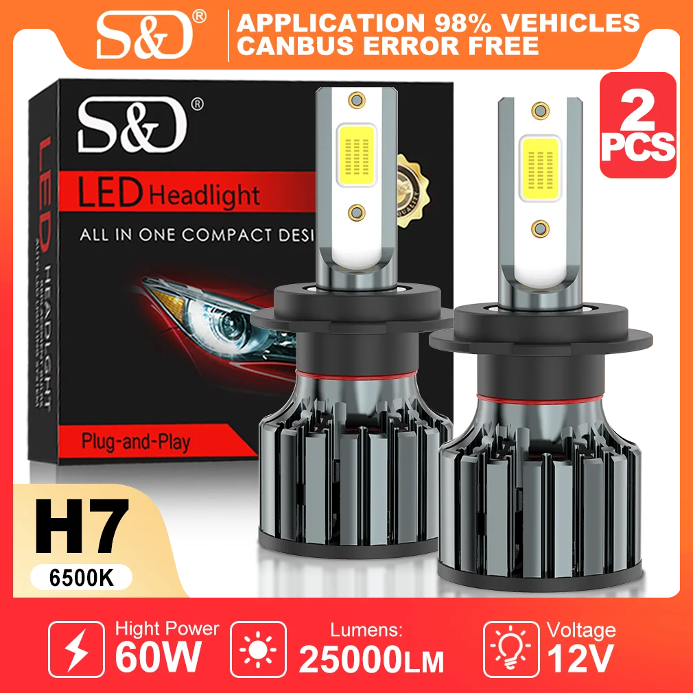 

S&D H7 COB Headlight Bulbs 60W 25000LM H13 High Low Beam COB Headlights with Canbus Turbo Fans Car Headlamp For Driving 6500K