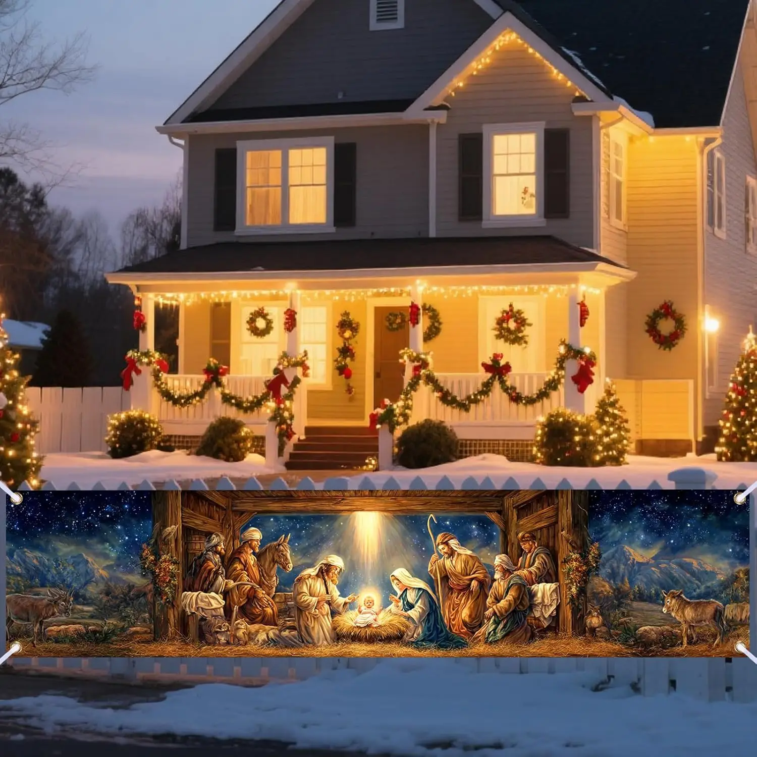 لافتة عيد ميلاد سعيد كبيرة، عائلة مقدسة وملائكة - لافتة داخلية وخارجية للفناء والحديقة والحديقة - حظر زينة حفلات العطلات #1