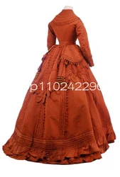 Dark Orange Historical Garments Ball Gown Prom Dresses Ruffles Applique Stain Long Sleeve Victorian Costume Evening Dress