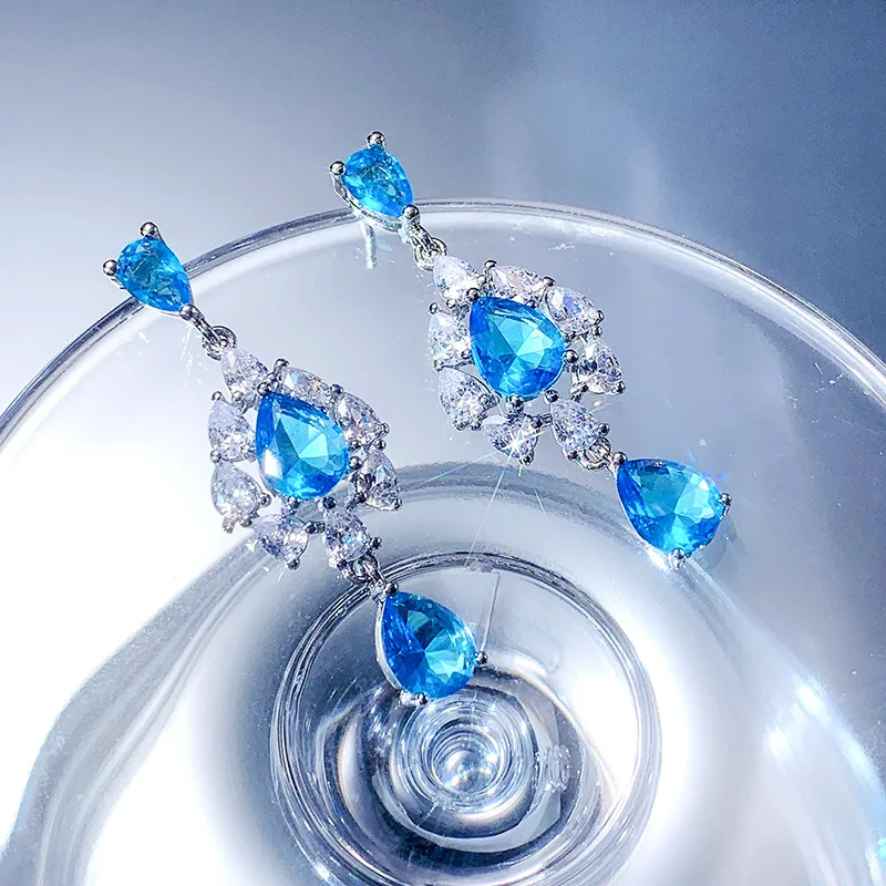 Fashion Temperament Long Water Drop Blue Zircon Eardrop Female Tide 925 Stamp Popular Bohemian Ear Accessories Gift