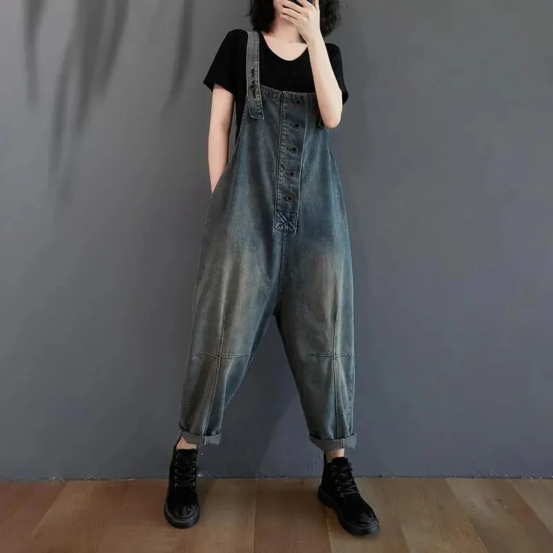 

Nostalgic Denim Casual Overalls For women Autumn Winter High waisted Pants Fashion Personalized Loose Oversized Jeans Jumpsuit