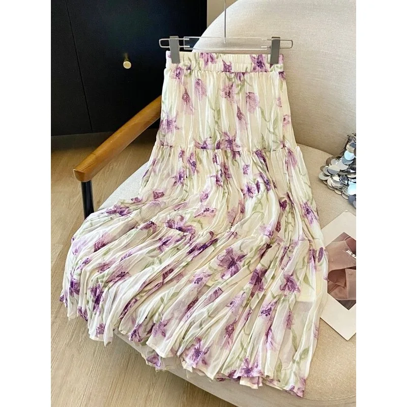 French New Purple Floral Print Tiered Pleated Midi Skirt High-waist Flowy Chiffon Skirt For Women Country Garden Vacation Outfit