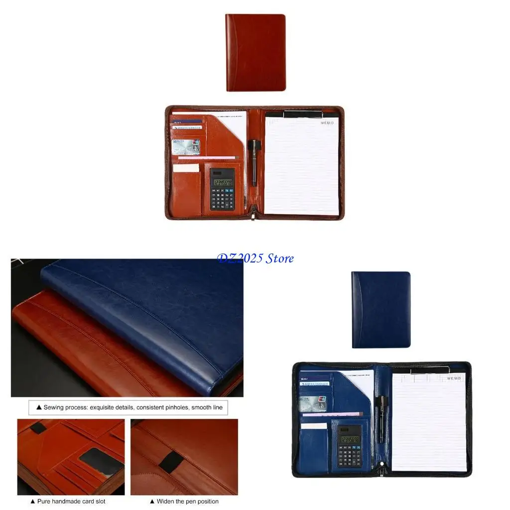 

Q6RC Leather Business Document Organiser Case Conference Folder with Clipboard Multiple Storage Pocket Card Holder Pen Slot