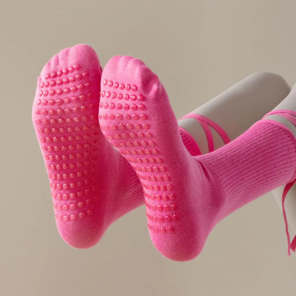 

Силиконовые носки для йоги на шнуровке в горошек, хлопковые носки до середины икры для пилатеса, женские чулочно-носочные изделия, дышащие носки средней длины, женские носки