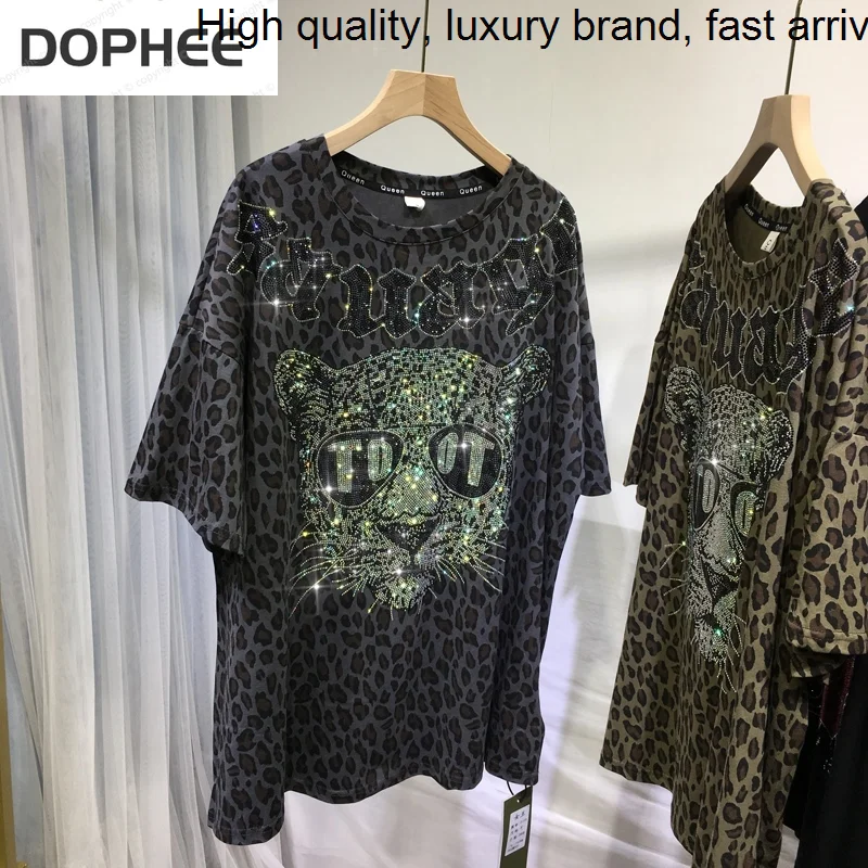 

Panther Trendy Diamond Women Tshirt All-match O-neck Loose Oversized Top 2023 New Summer Short Sleeve Leopard T-shirt Casual