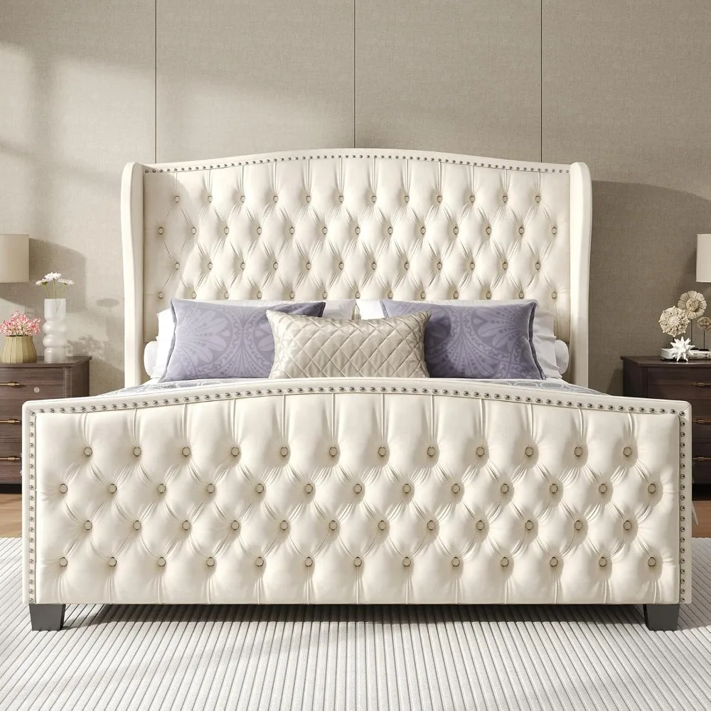 

Adjustable Queen Bed Frame with Tufted Headboard & Wingback, Smart Adjustable Bed Base with Dual Motor & Remote Control.