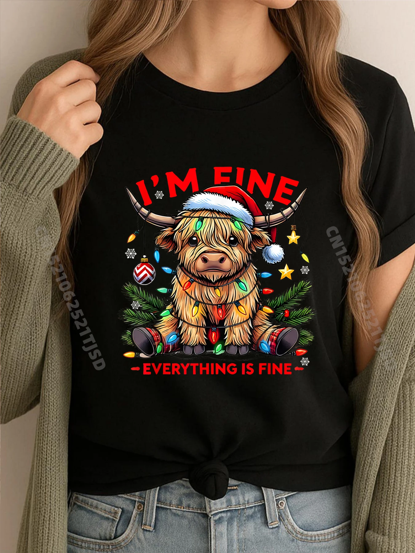 

I M Fine Everything Is Fine Christmas Highland Cow Woman Graphic Tees Winter White T Shirt Woman