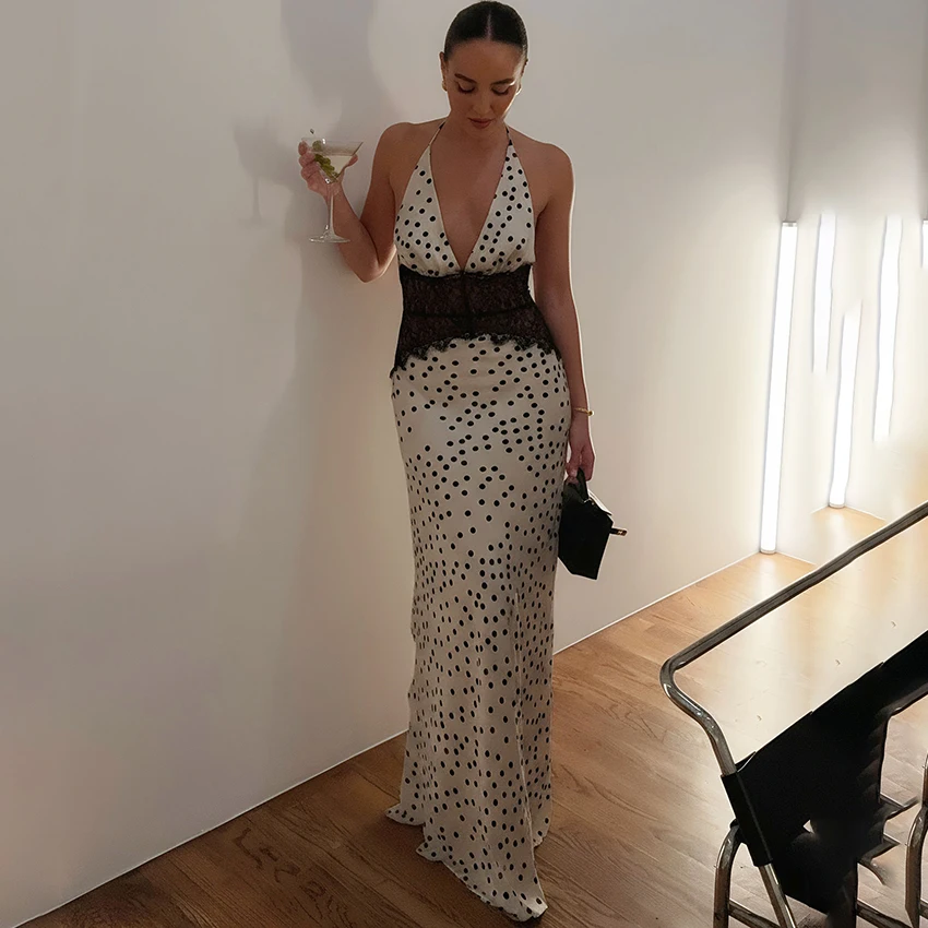 Linad Sexy à pois licou longue robe femmes automne élégant taille haute dentelle robe rue Chic mince évider robe pour femme