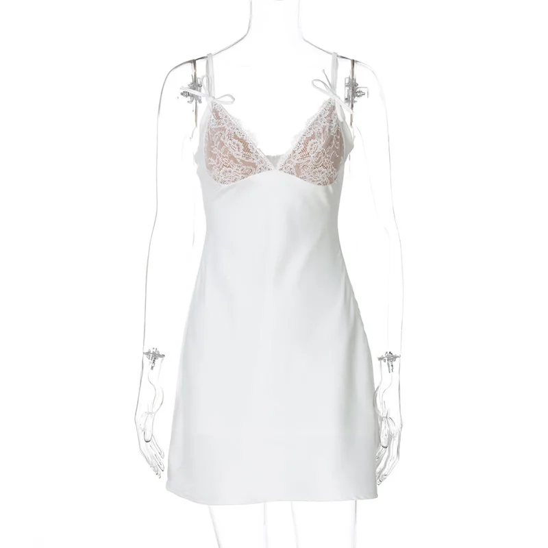 Tornova Spitzen-Splice, sexy Minikleid für Frauen, tiefer V-Ausschnitt, ärmelloses Partykleid, 2025, modisches, schlankes Satinkleid, rückenfrei, solide