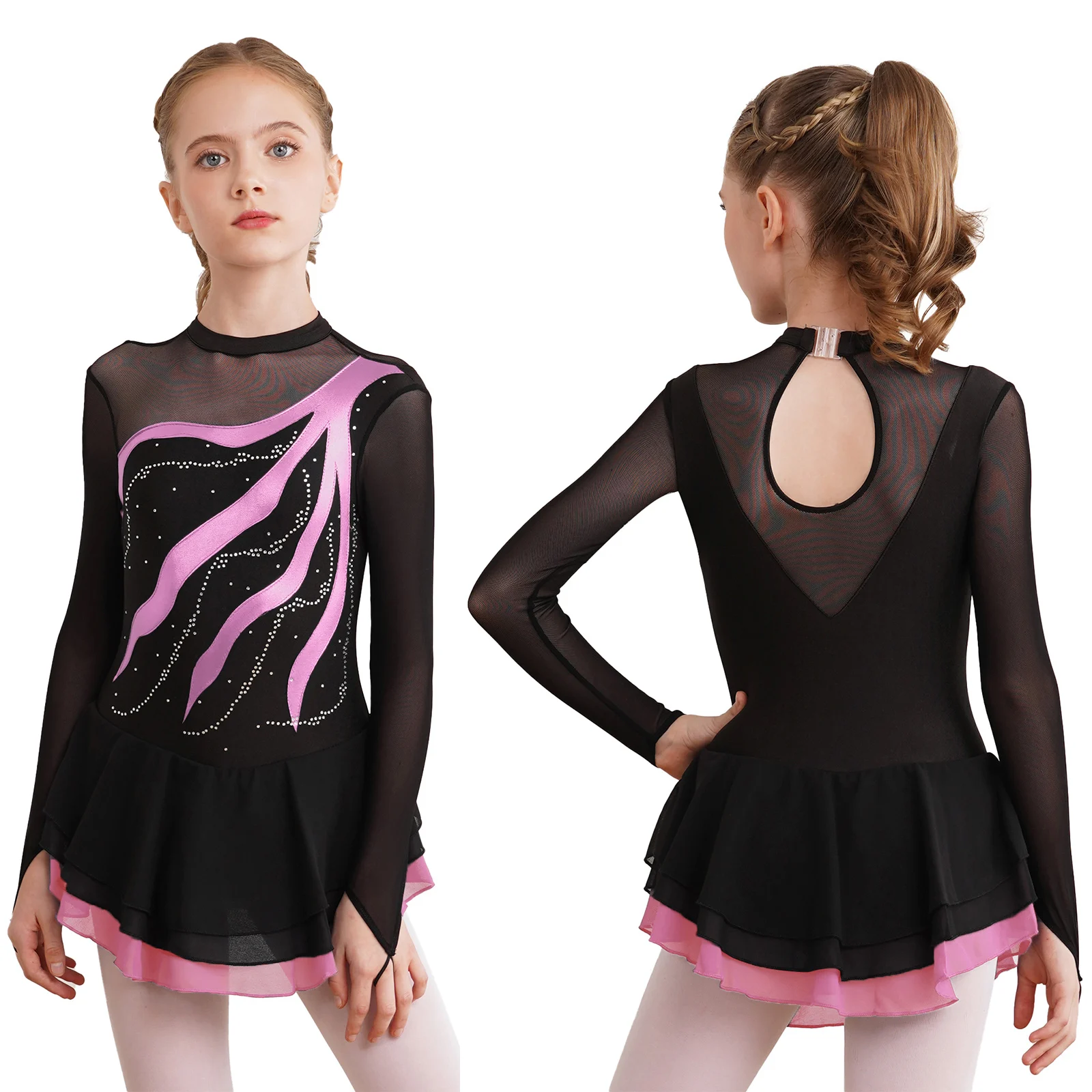 Children Girls Figure Skating Dress Ballet Gymnastics Lyrical Dance Leotard Tutu Long Sleeve Shiny Rhinestone Mesh Dancewear