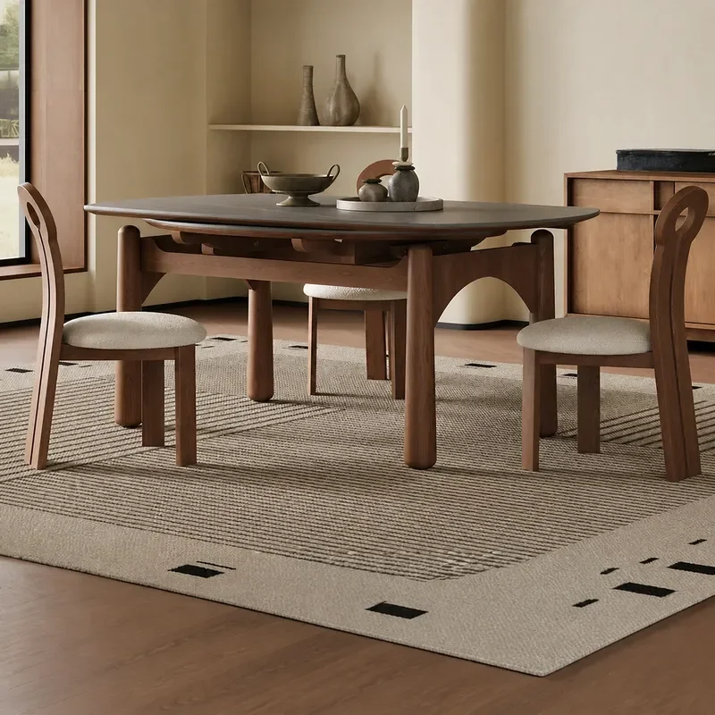 Medieval Rock Slab Retractable Dining Table Variable Round Square Dual Purpose Solid Wood Walnut Color for Small Apartment